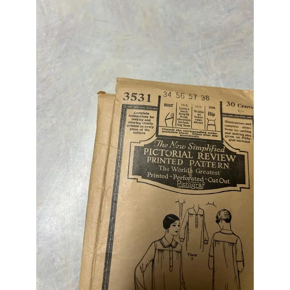 Antique 1920's-30's Pictorial Review Pattern #3531 Ladies‎ Nightgown